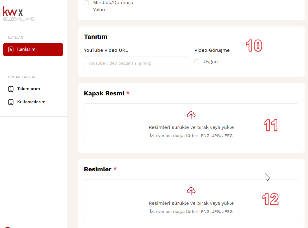 Eğer portföye ait bir tanıtım videosu varsa Youtube üzerine yükleyip bu alana URL bilgisini yapıştırın11) Portföyünüzün listelerde görünecek kapak
