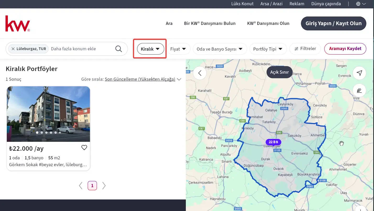 kw.com adresine girip bölgeyi arayın, filtre butonundan “Kiralık” seçip portföyün yayından kaldırıldığını teyid edin