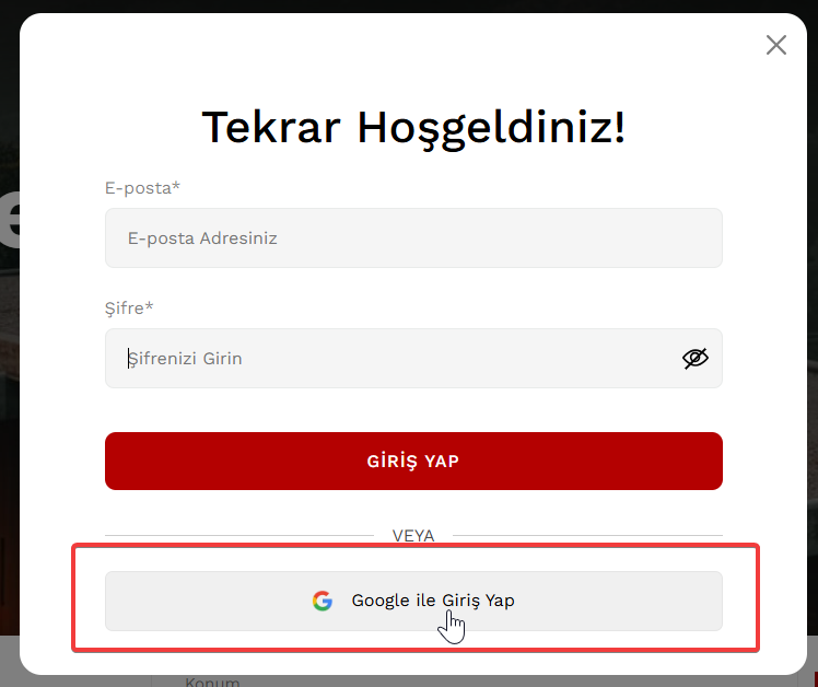 Açılan sayfada “Google İle Giriş Yap” seçeneğine basın