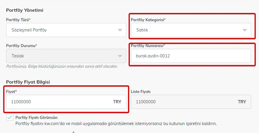 Bir portföy kategorisi seçin (satılık kiralık..) 10) portföyünüze özel bir numara verin (örn. burak.aydin-0012, BRK10000012 ) 11) Satış fiyatını girin