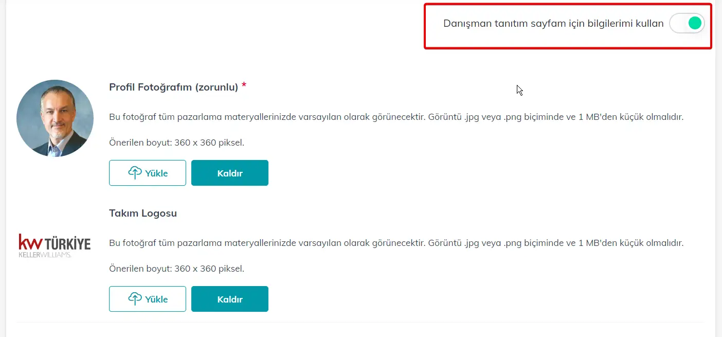 Öncelikle “Danışman tanıtım sayfam için bilgilerimi kullan” özelliğinin açık olduğuna emin olun 2) Profil Fotoğrafınızı yükleyin