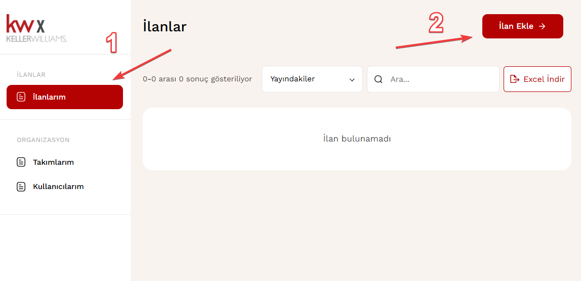 Öncelikle İlanlarım menüsüne girin 2) “İlan Ekle” butonuna basın