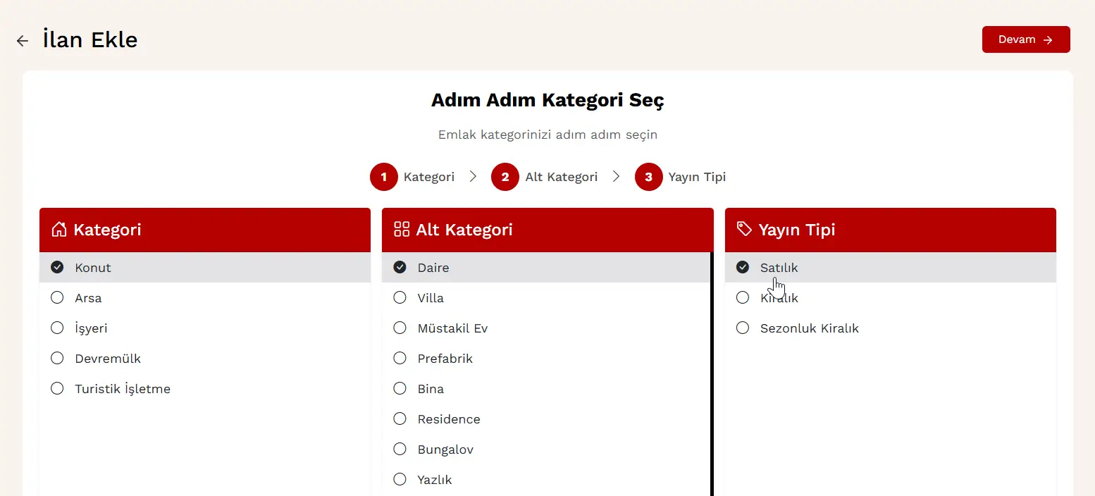 İlan Girişi ekranında bir kategori seçin